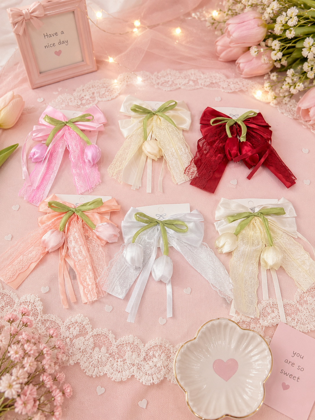 Korean Tulip Lace Bow Hair Clip – Cute Pastel Floral Hair Accessory for Girls( pack of 12)