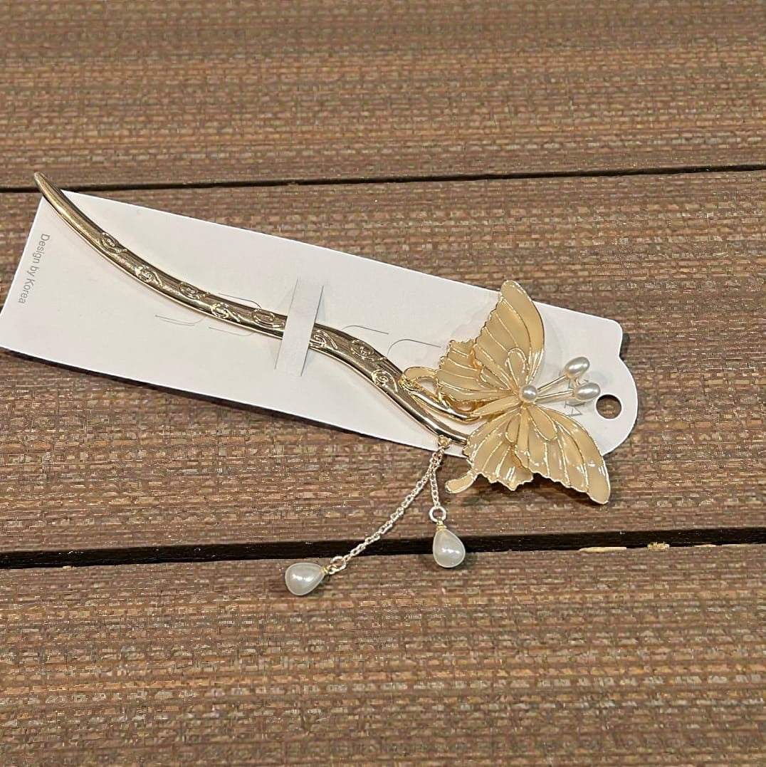Golden Butterfly Hair Stick with Pearl Drop – Elegant Hair Accessory( pack of 6)