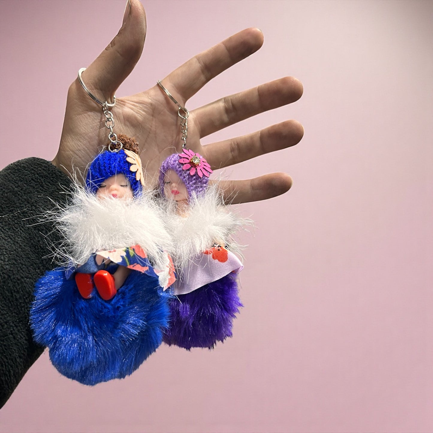 Cute Sleeping Baby Doll Fur Keychain with Woolen Cap – Soft Winter Bag Charm( pack of 12)