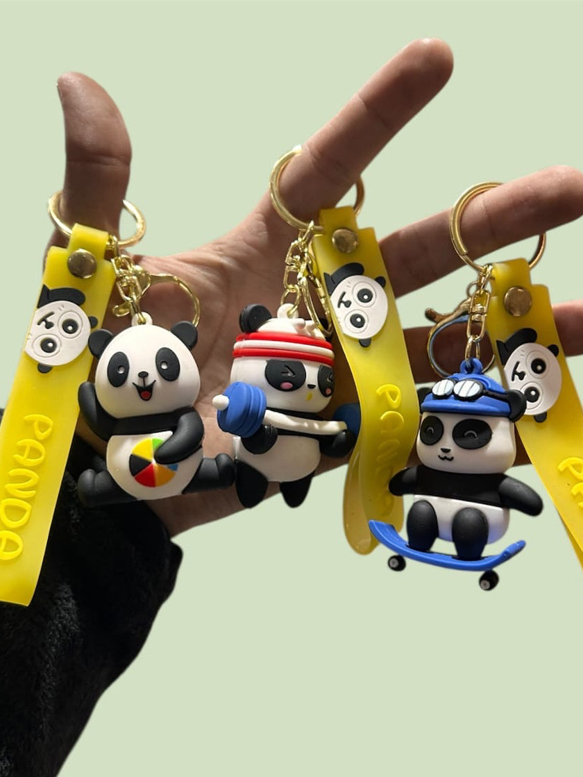 Cute Panda Cartoon Keychain Set | Soft PVC 3D Panda Key Ring with Strap (Pack of 12)