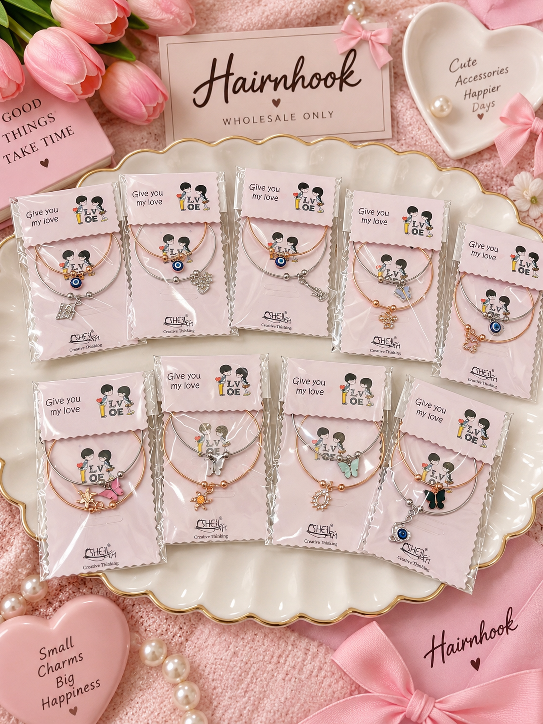 Cute Couple Love Charm Bracelet Set – Trendy Korean Style Bracelet for Girls( pack of 12 mix design)