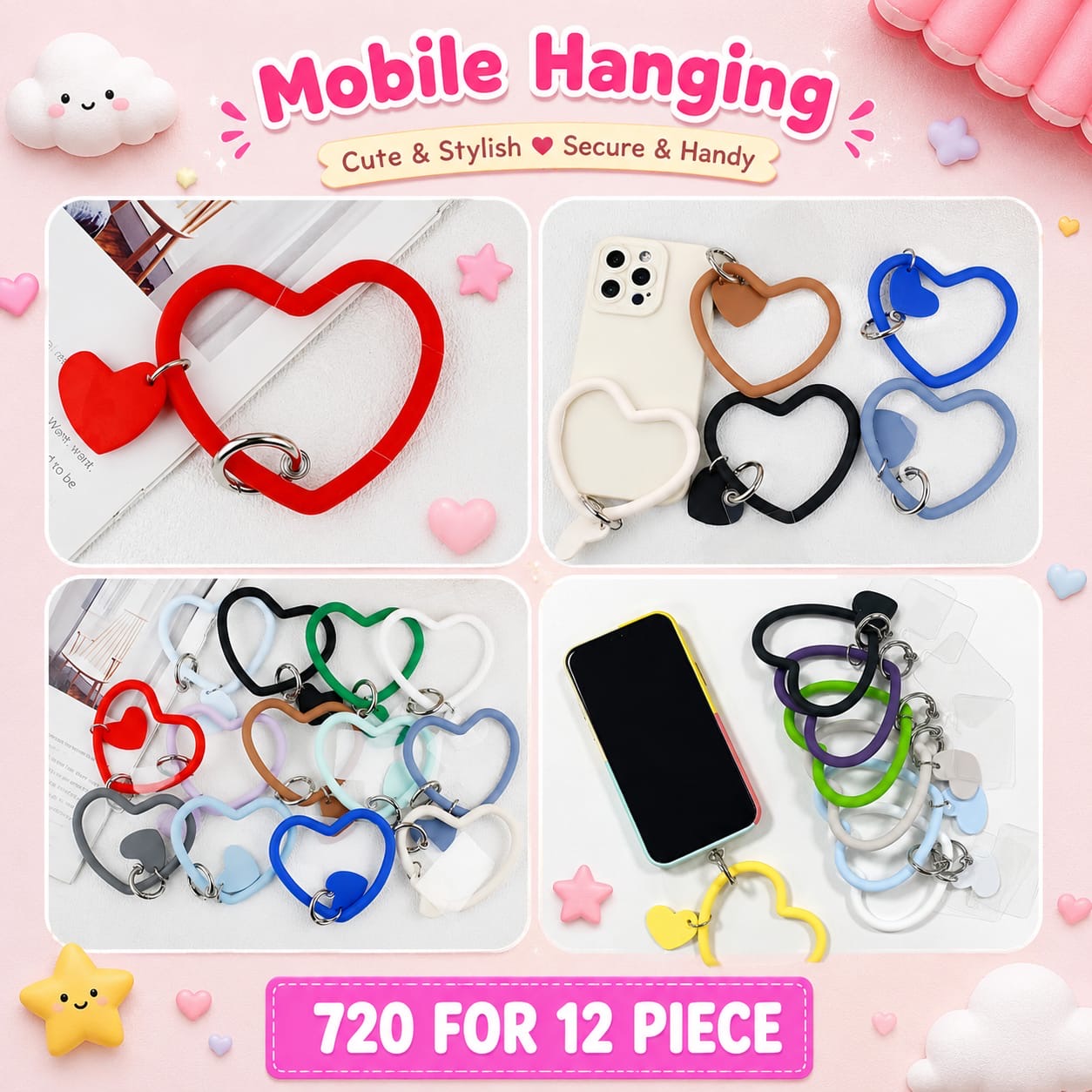 Heart Shape Mobile Hanging Strap | Cute Silicone Phone Holder Wrist Charm(pack of 12)