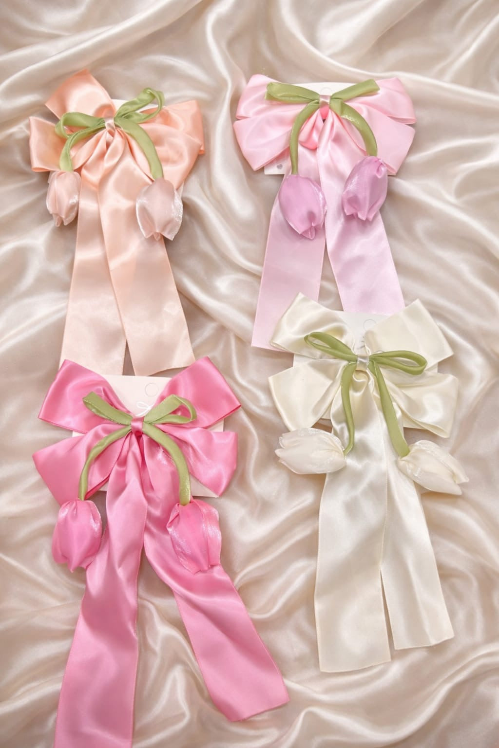 Korean Satin Bow Hair Clip with Tulip Design | Long Ribbon Aesthetic Hair Accessory for Girls | Cute Pastel Hair Bow( pack of 12)