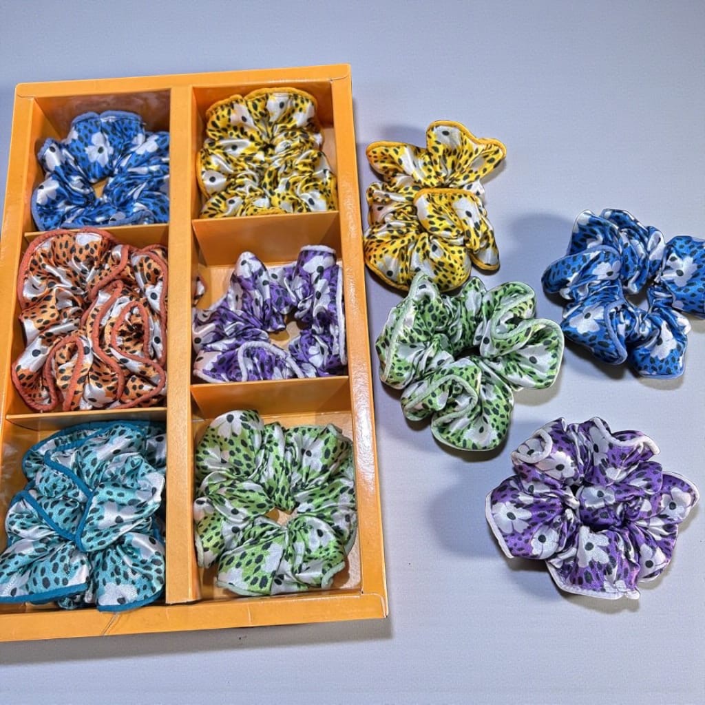 Printed Chiffon Hair Scruncher Set – Polka Dot & Animal Print Stylish Ponytail Holders ( pack of 12)