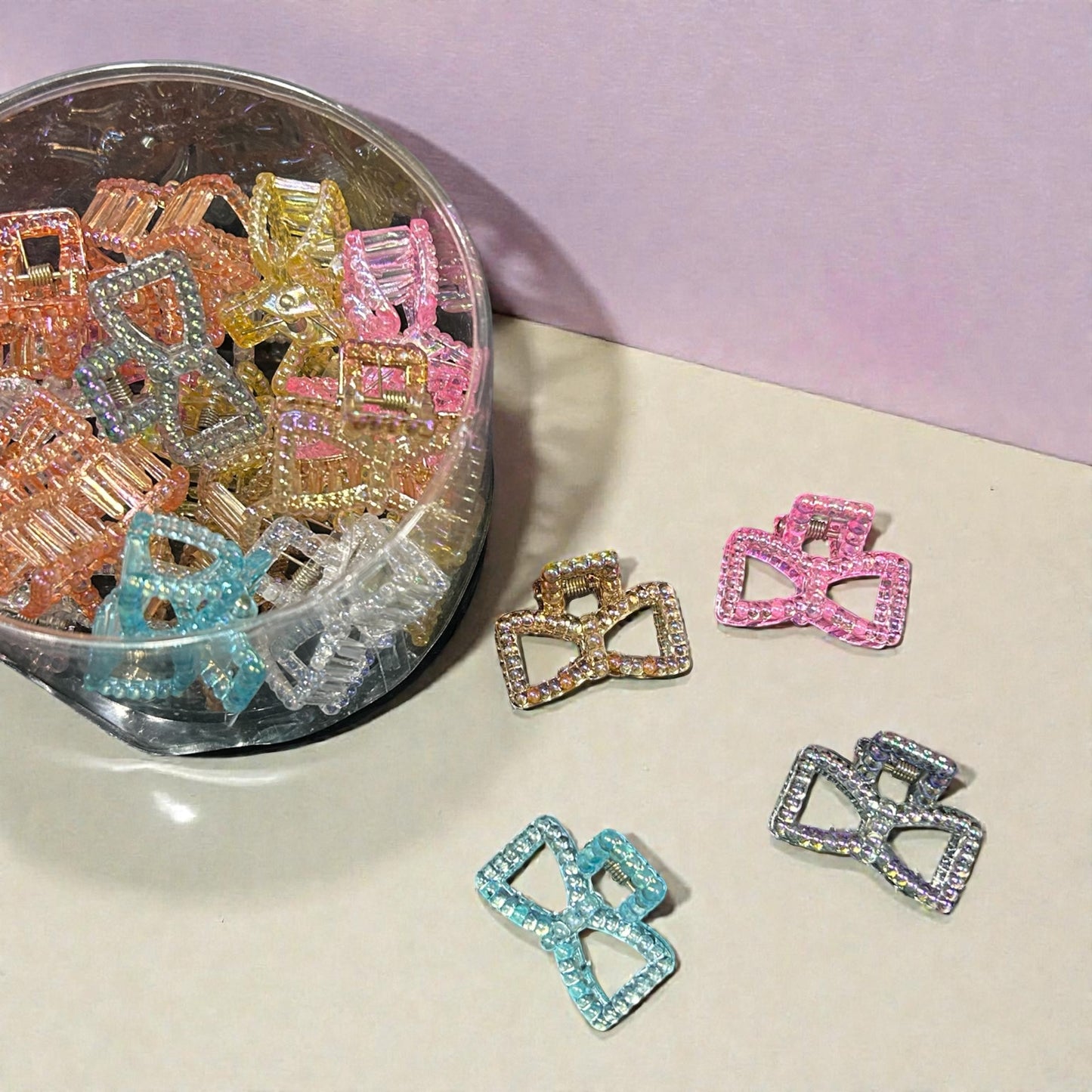 Mini Crystal Bow Hair Claw Clips – Glitter Transparent Design ( pack of 24)