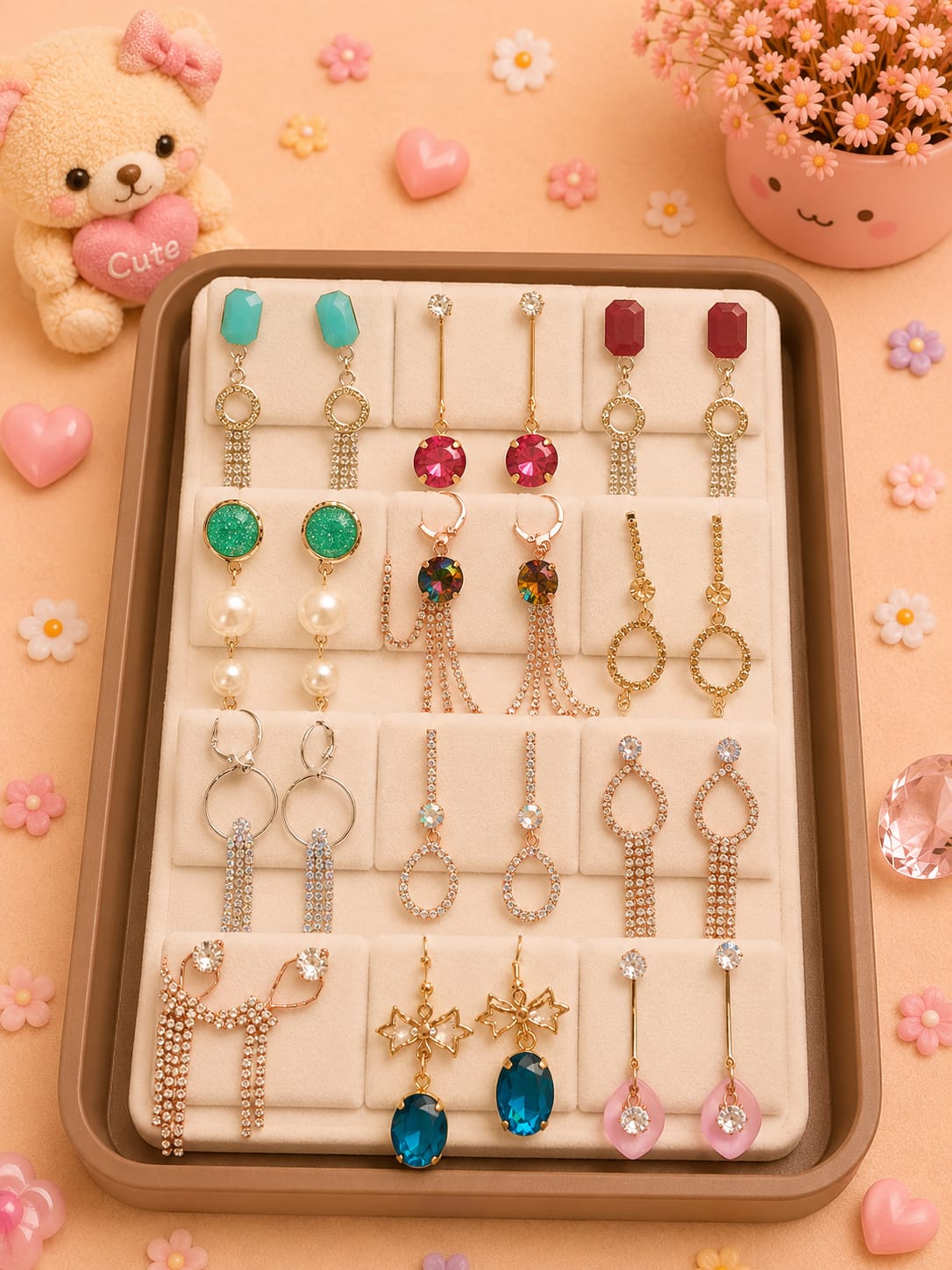 Korean chic earrings with a foldable box ( pack of 12 pieces)