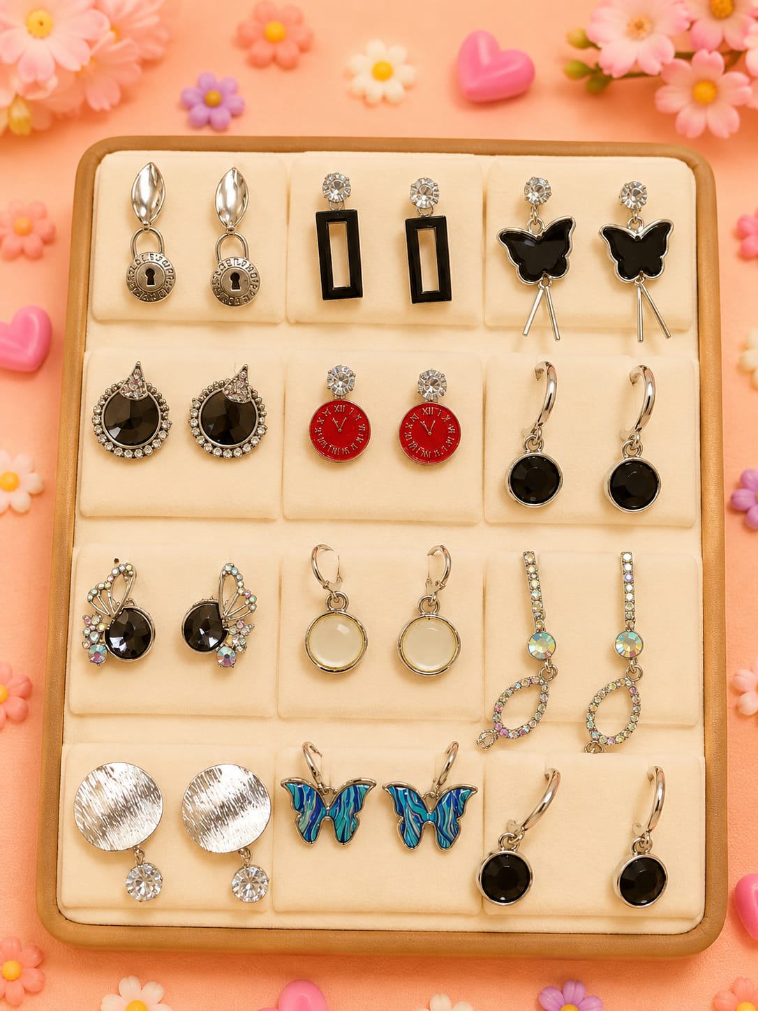 Korean chic earrings with a foldable box ( pack of 12 pieces)