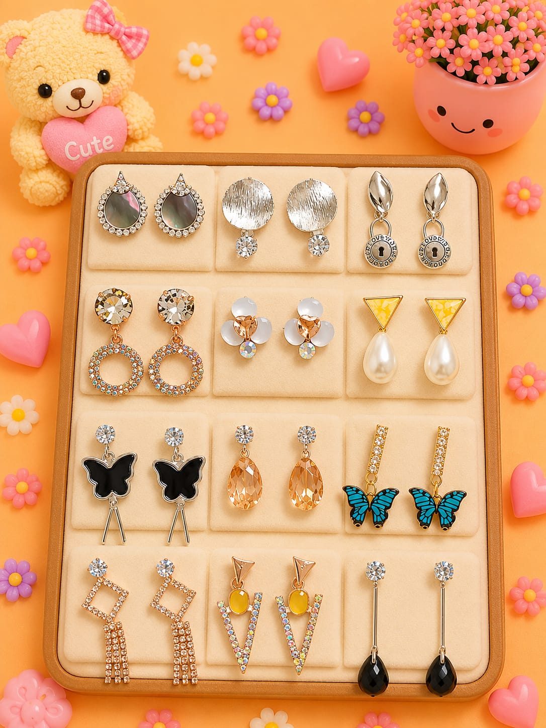 Korean chic earrings with a foldable box ( pack of 12 pieces)