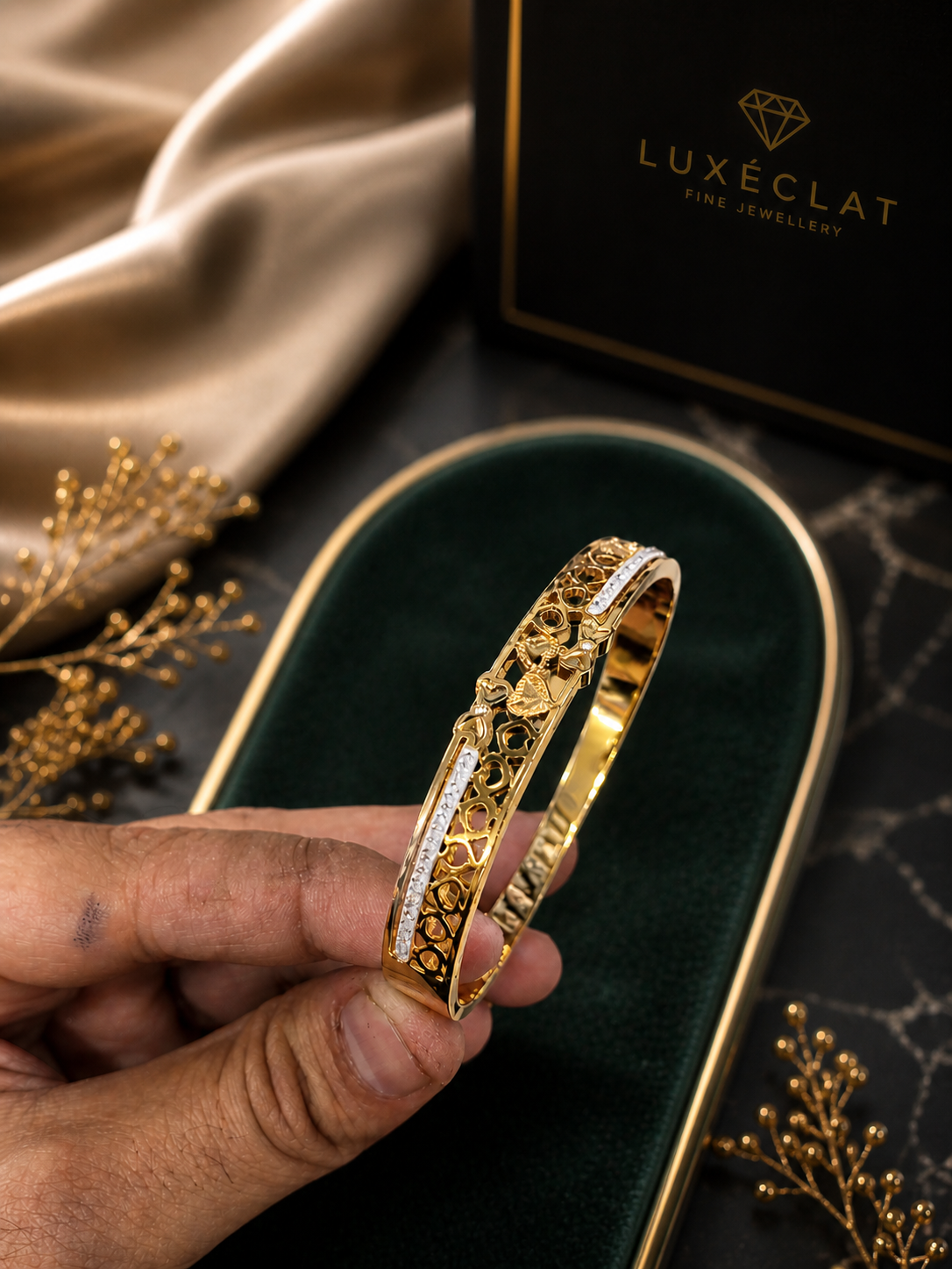 Luxury Gold Finish Openwork Bracelet with Stone Line Design ANTITARNISH-316 polish( pack of 3 piece )