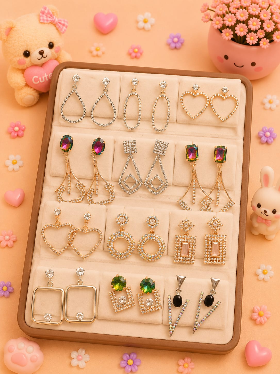 Korean chic earrings with a foldable box ( pack of 12 pieces)