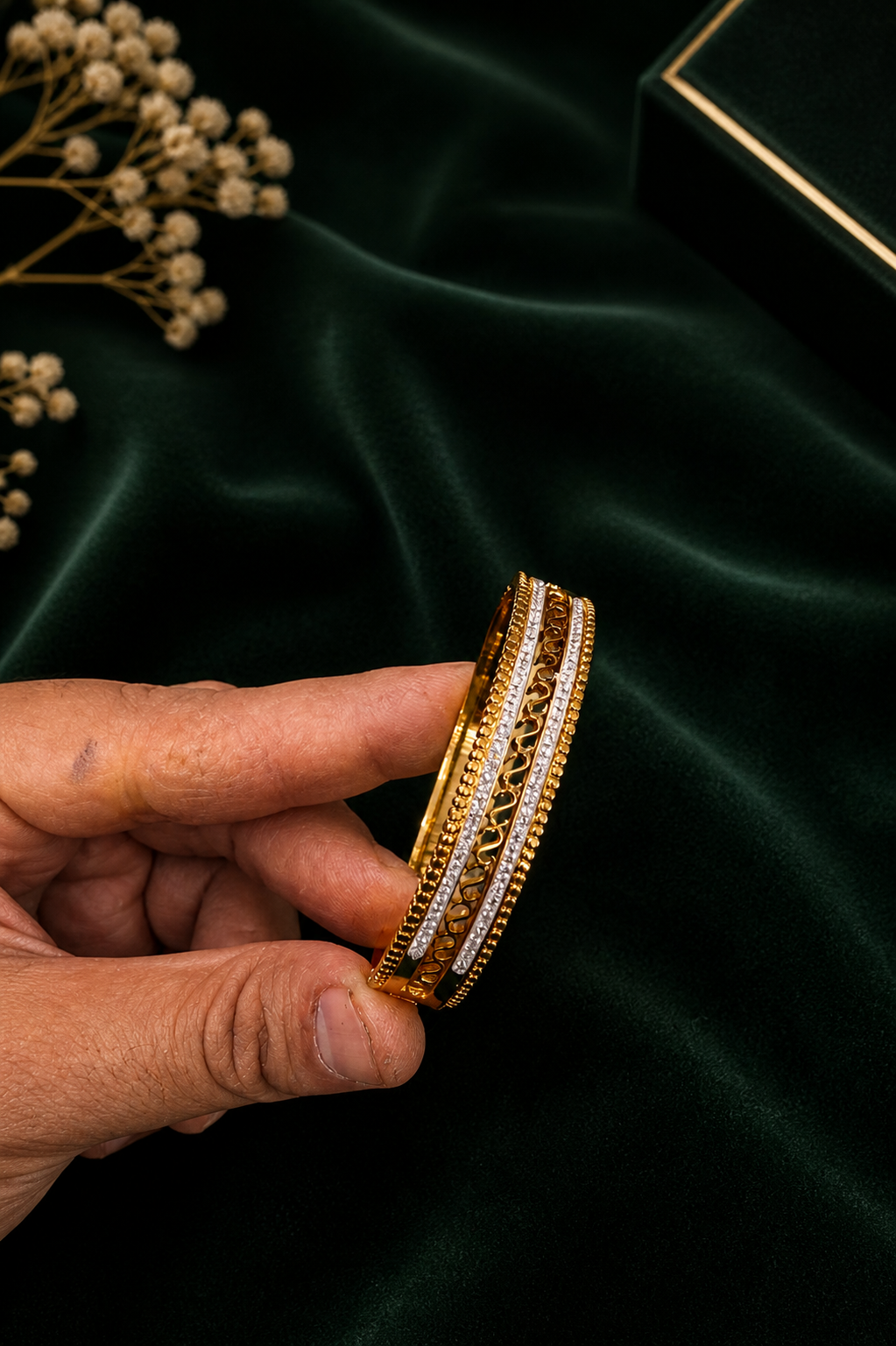 Luxury Gold Finish Openwork Bracelet with Stone Line Design ANTITARNISH-316 polish( pack of 3 piece )