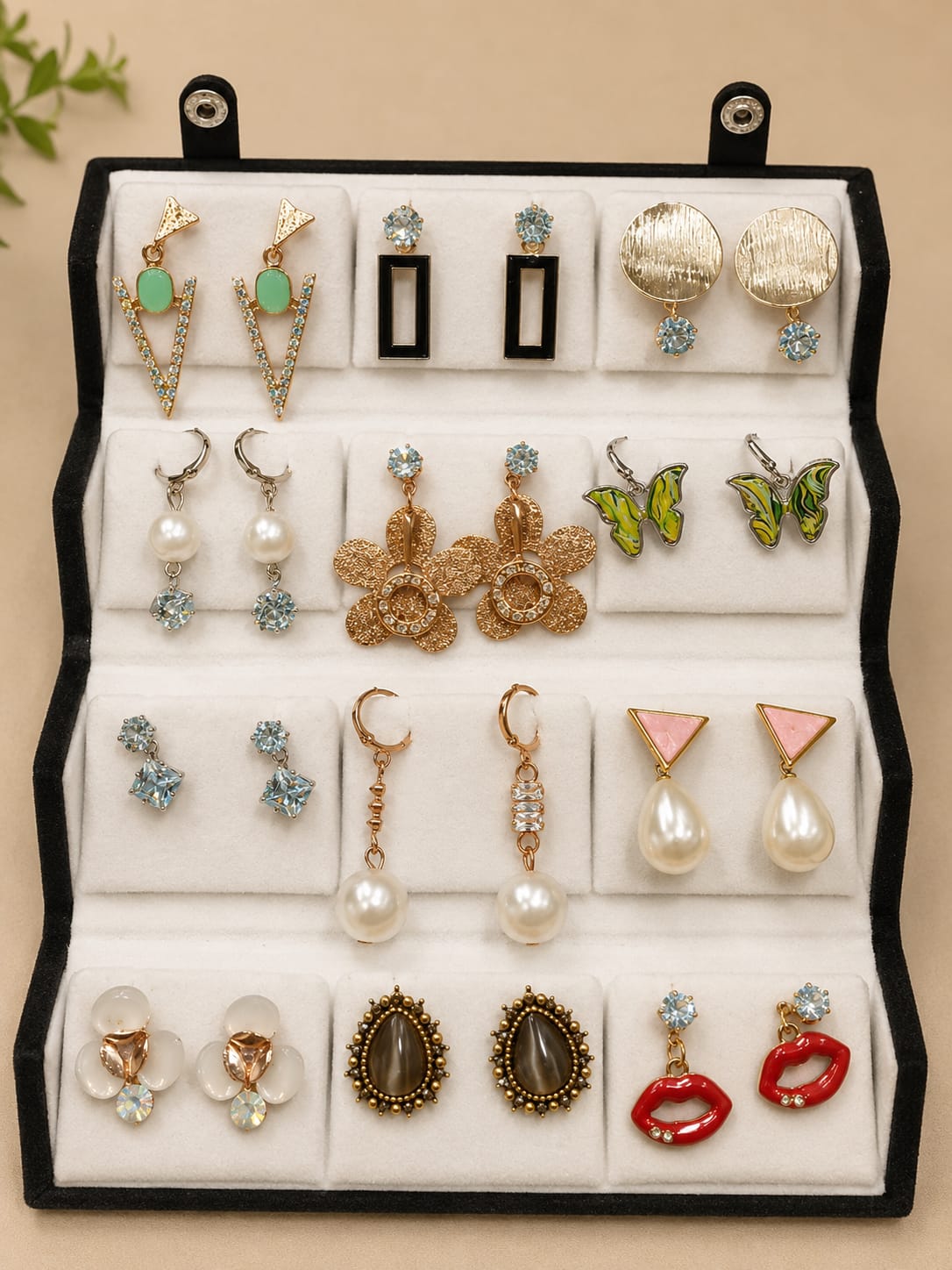 Korean chic earrings with a foldable box ( pack of 12 pieces)