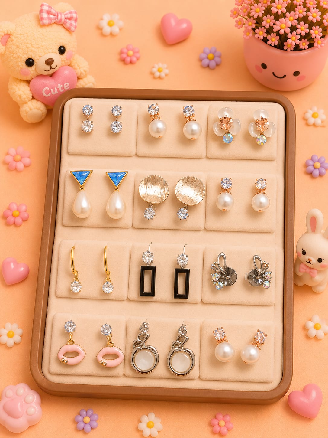Korean chic earrings with a foldable box ( pack of 12 pieces)