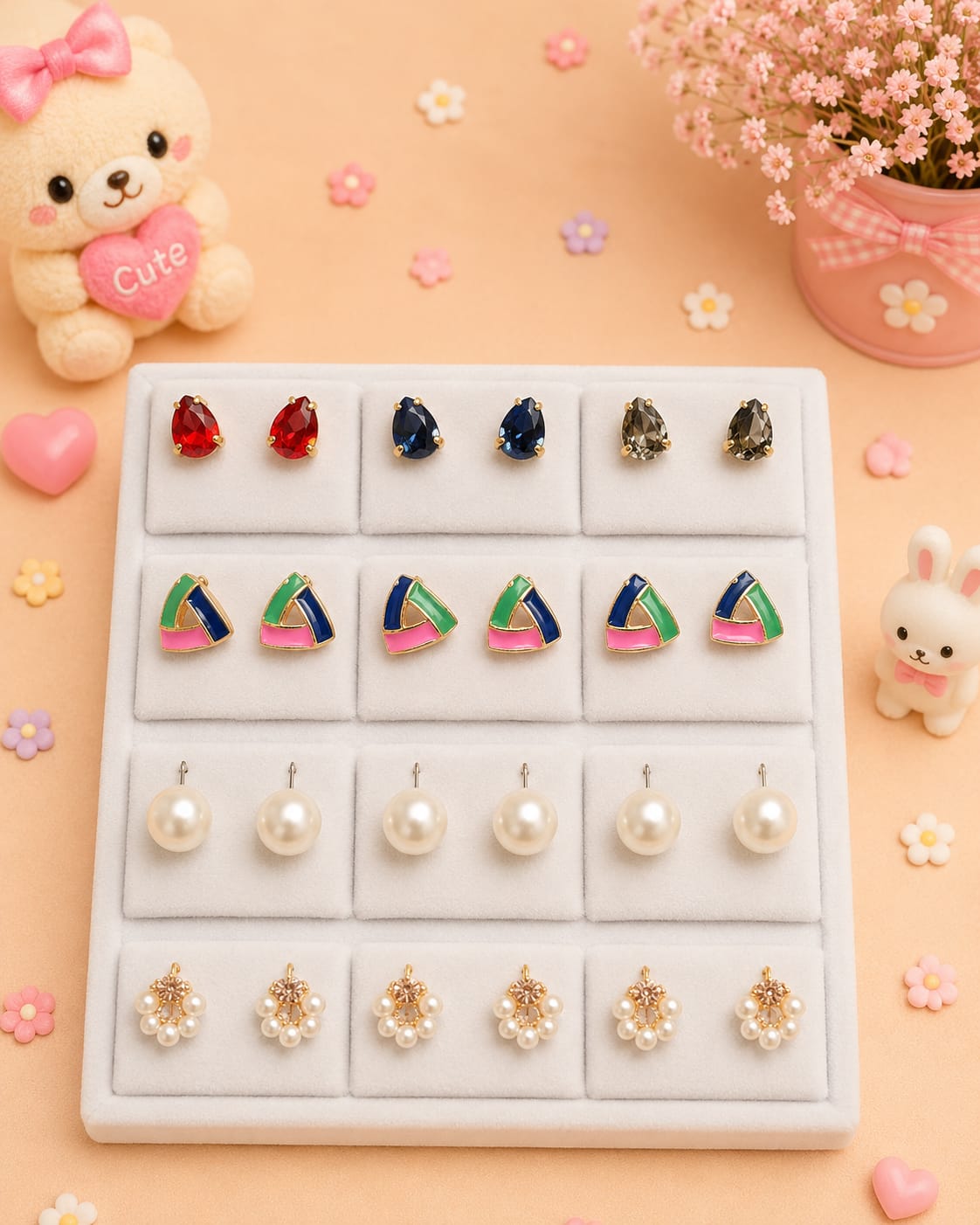 Korean chic earrings with a foldable box ( pack of 12 pieces)