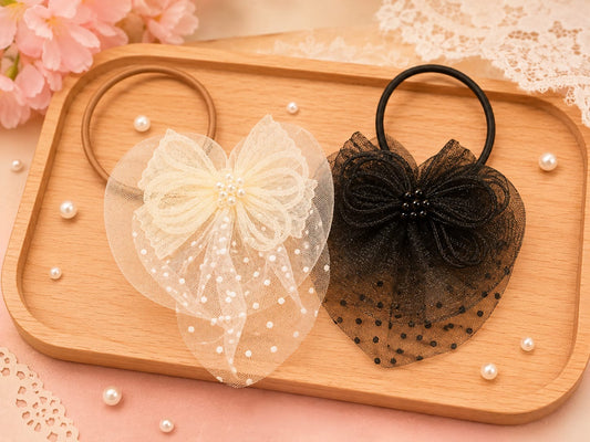 2-in-1 Korean Bow Hair Band – Pearl Mesh Bow Ponytail Holder & Hair Accessory for Women & Girls(pack of 12)