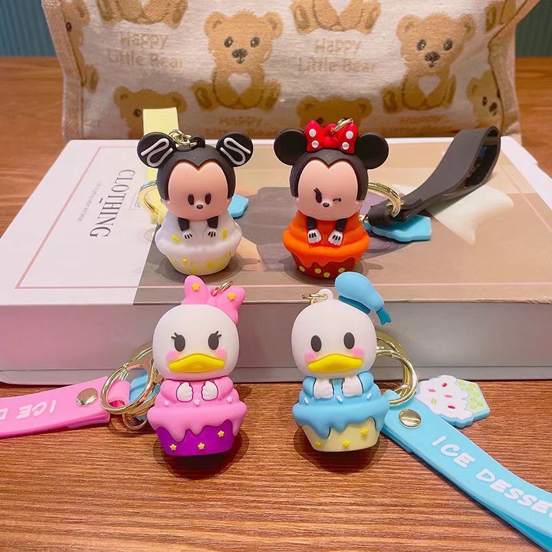 Cute Cartoon Mouse & Duck Keychain with Strap | Soft Rubber Dessert Theme Key Ring ( pack of 12)