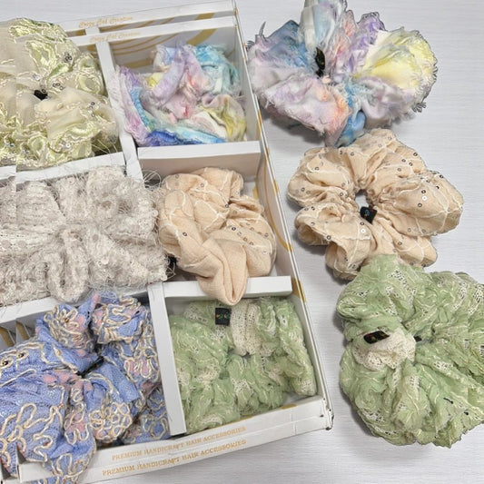 Luxury Pastel Designer Hair Scruncher Set – Lace, Sequin & Tie-Dye Fabric ( pack of 12)