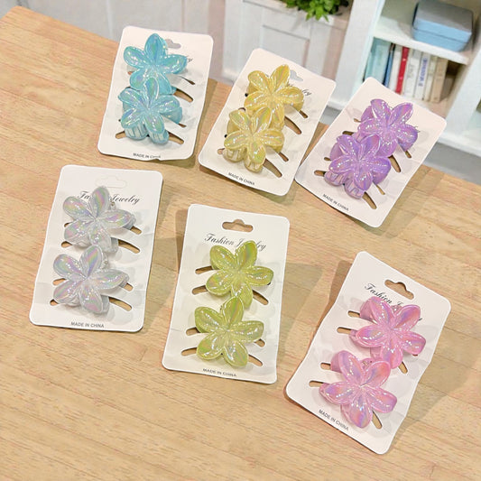 Iridescent Flower Hair Claw Clip Set – Korean Glossy Floral Clip two piece combo ( pack of 12)