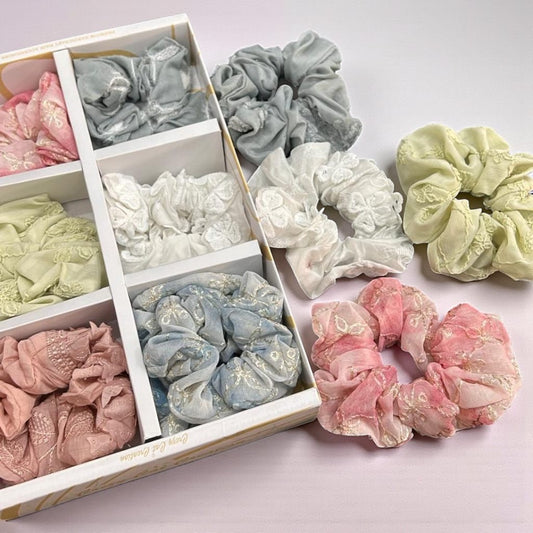 Luxury Lace & Embroidered Fabric Hair Scruncher Set – Soft Pastel Designer Ponytail Holders ( pack of 12)