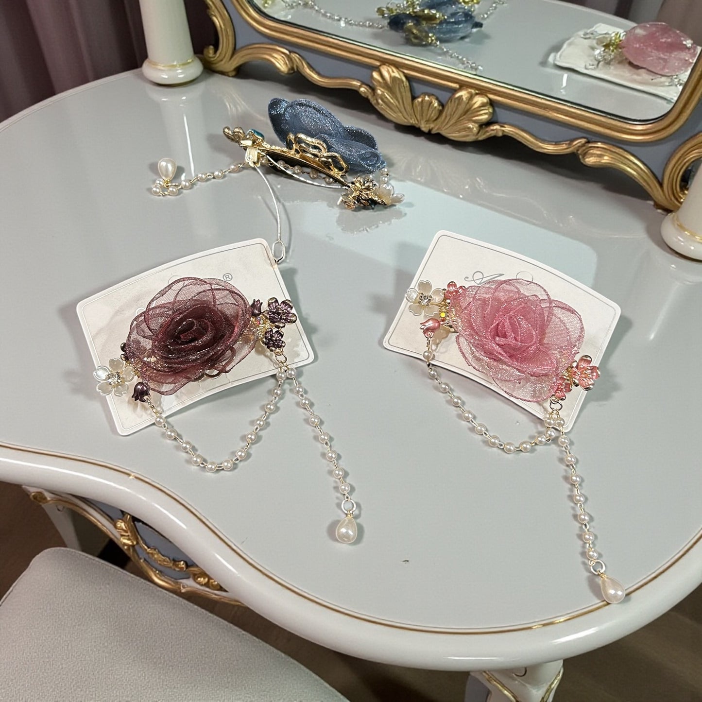 Elegant Organza Rose Hair Clip with Pearl Chain | Luxury Floral Hair Accessory for Women( pack of 6)