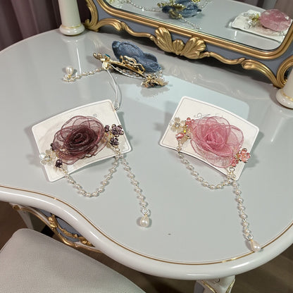 Elegant Organza Rose Hair Clip with Pearl Chain | Luxury Floral Hair Accessory for Women( pack of 6)