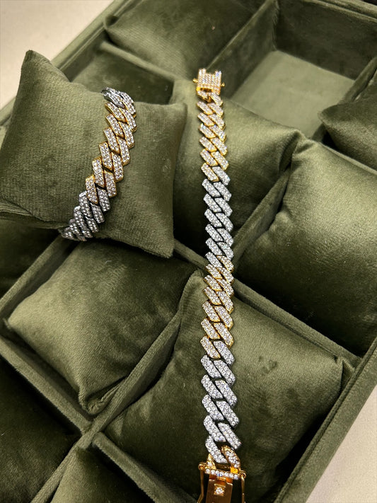 Premium Two-Tone Iced Cuban Link Chain & Bracelet Set(pack of 2)