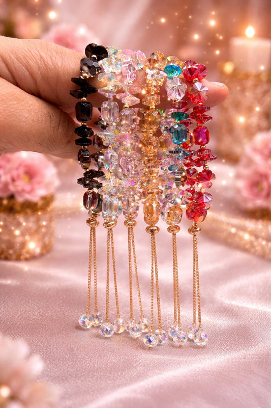 Anti-Tarnish Crystal Beaded Bracelet with Tassel – Premium Korean Style Adjustable Chain Bracelet for Women & Girls( pack of 6)