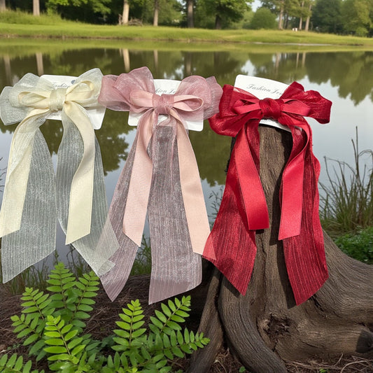 Luxury Organza Long Ribbon Bow Hair Clips – Elegant Statement Style( pack of 12)