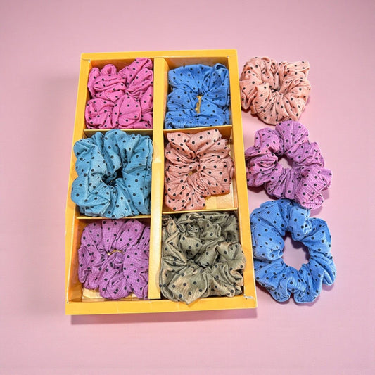 Polka Dot Cotton Fabric Hair Scruncher Set – Soft Printed Everyday Ponytail Holders ( pack of 12)