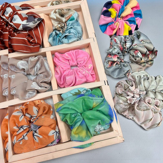 Premium Satin & Printed Fabric Hair Scruncher Set – Trendy Soft Ponytail Holders ( pack of 12)