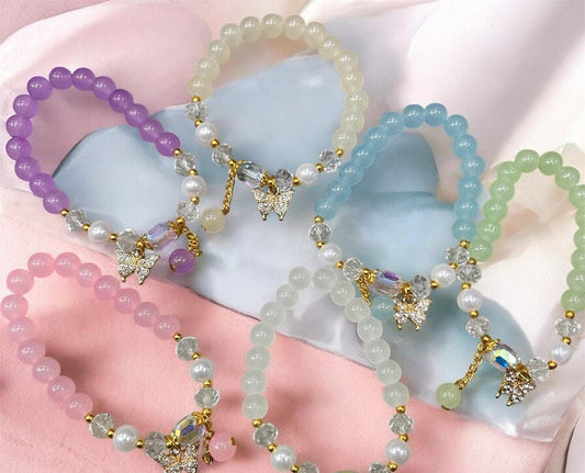 Luxury Butterfly Charm Beaded Bracelet | Pastel Crystal & Pearl Finish | Adjustable Fashion Jewelry( pack of 12)