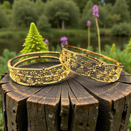 Anti-Tarnish Gold-Tone Floral Cutwork Openable Bangles with Crystal Accents( pack of 3)