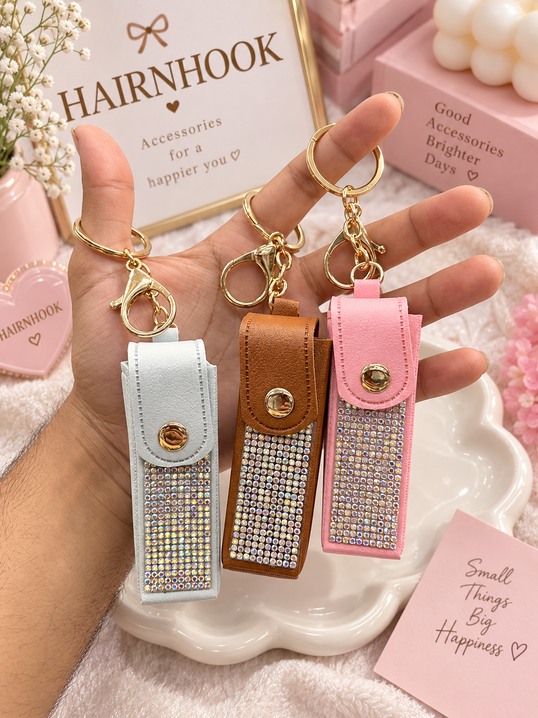 Premium Rhinestone Lipstick Pouch Keychain – Stylish Mini Lipstick Holder( pack of 12)