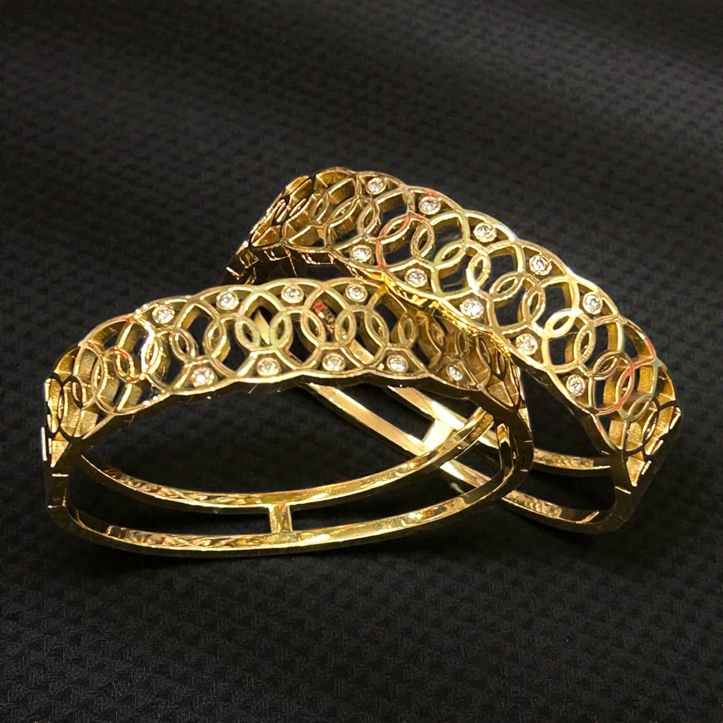 Anti-Tarnish Gold-Tone Interlinked Cutwork Kada Bangles with Crystal Accents ( pack of 3)