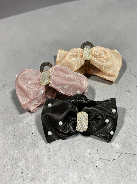 Satin Bow Hair Claw Clip – Korean Luxury Pearl & Rhinestone Bow Clutcher for Women(pack of 12)
