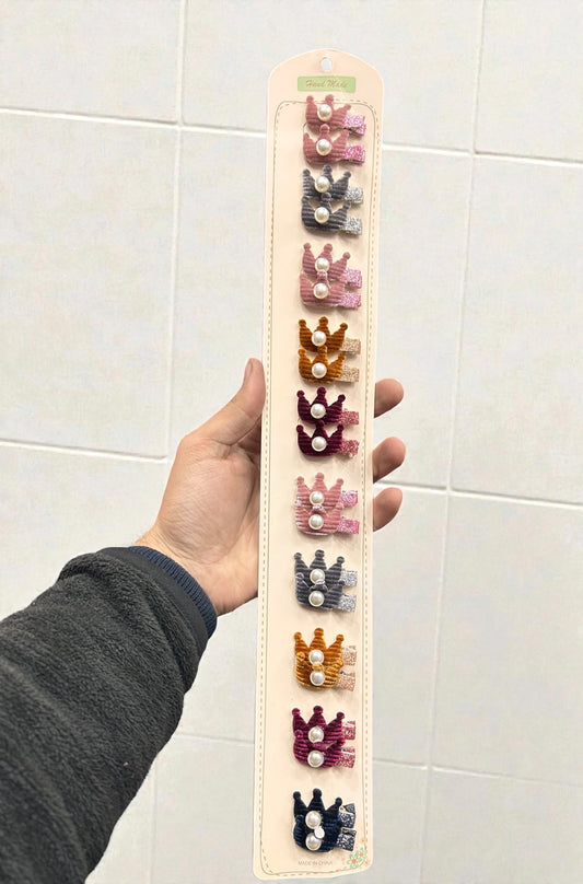 Handmade Crown Hair Clips for Girls | Pearl Embellished Mini Clips (Pack of 10)