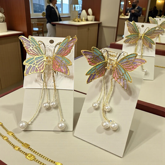 Elegant Butterfly Pearl Tassel Hair Clip | Designer Metal Hair Accessory for Women( pack of 6)