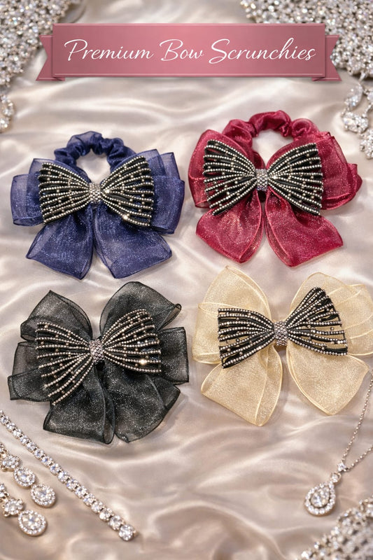 Premium Organza Bow Scrunchies – Luxury Rhinestone Hair Ties for Women & Girls | Elegant Party Wear Hair Accessories(pack of 6)