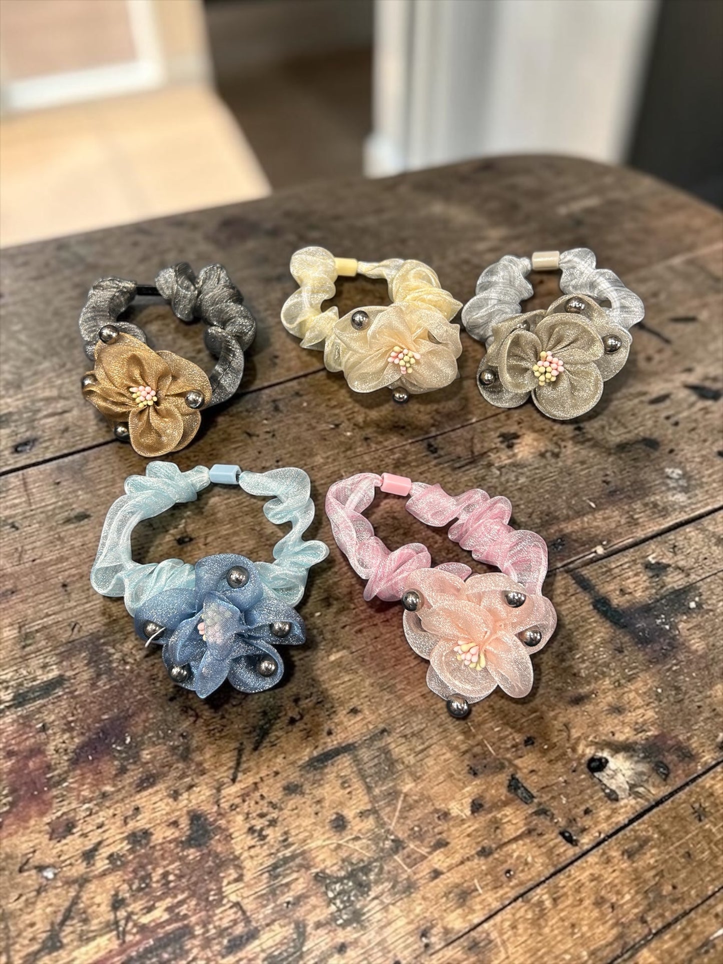 Elegant Organza Flower Scrunchies with Pearl Beads – Korean Style Hair Ties (pack of 12)