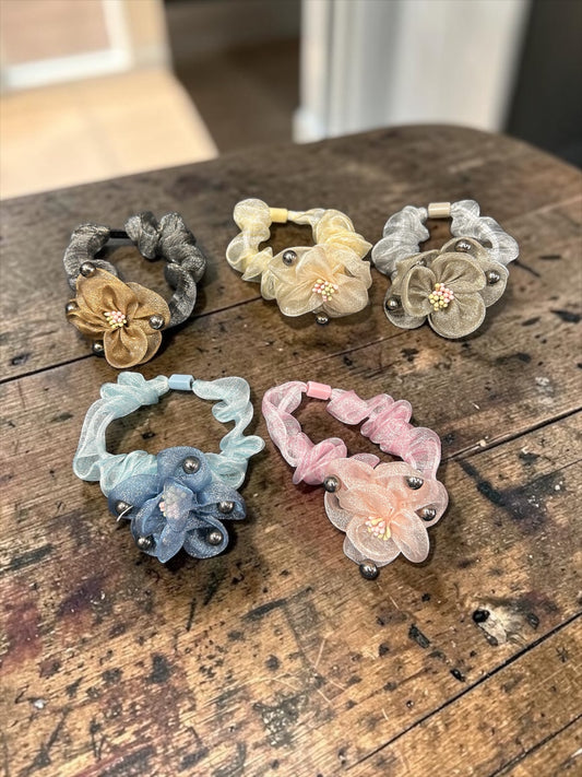 Elegant Organza Flower Scrunchies with Pearl Beads – Korean Style Hair Ties (pack of 12)