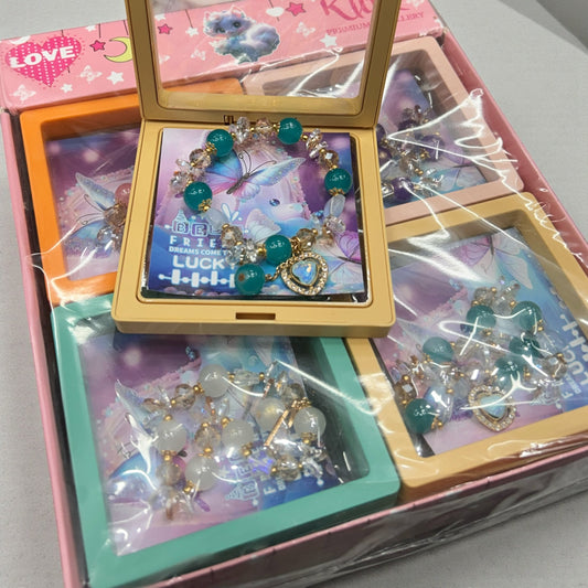 Butterfly Charm Crystal Beaded Bracelet Set with Pastel Gift Box-2 ( pack of 12) mix design