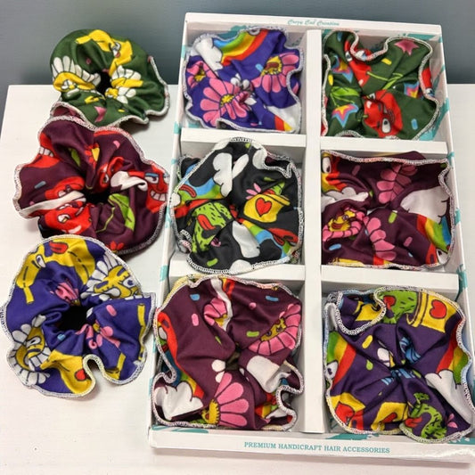 Colorful Cartoon Print Fabric Hair Scruncher Set – Fun & Stylish Ponytail Holders ( pack of 12)