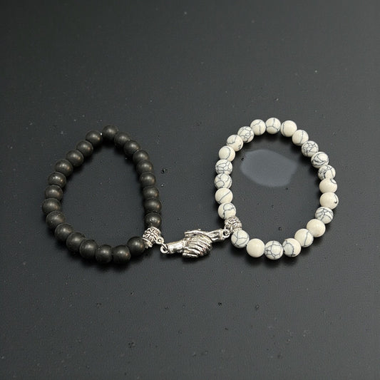 Yin Yang Couple Beaded Bracelet Set | Black & White Stone Beads | Handshake Charm Jewelry( pack of 12)