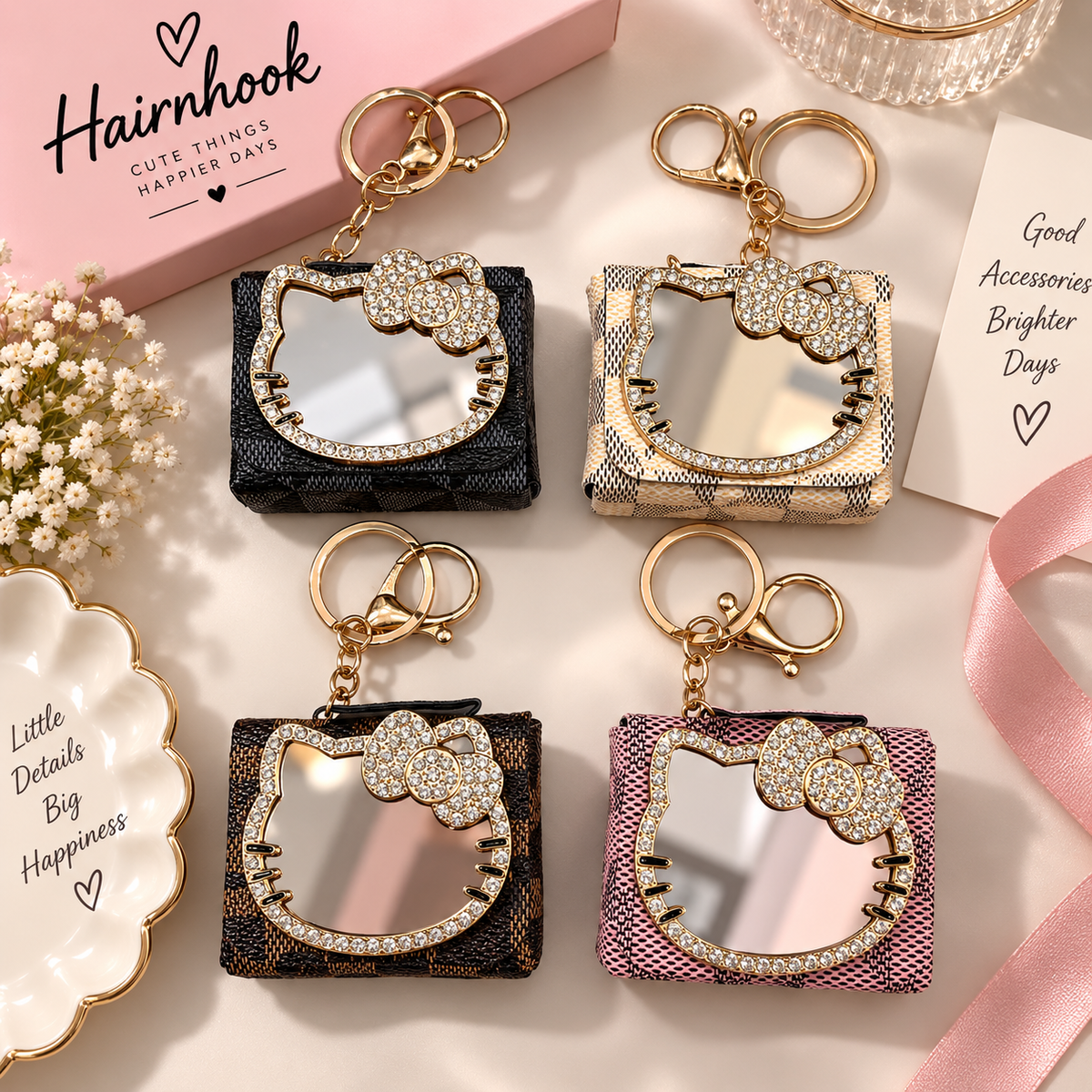 Premium Rhinestone Hello Kitty Mirror Mini Keychain Bag(pack of 6)