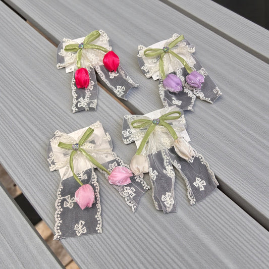 Lace Bow Hair Clips with Floral Bud Charms – Elegant Vintage Style( pack of 12)