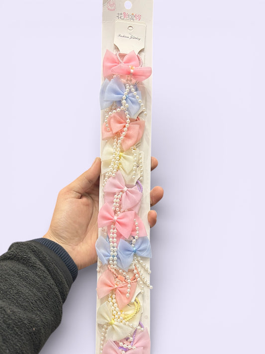 Elegant Pearl Bow Hair rubber Set for Girls | Pastel Ribbon Hair Accessories ( pack of 10)