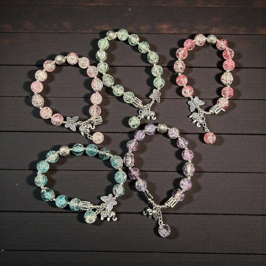 Elephant & Butterfly Charm Crackle Bead Bracelet | Pastel Crystal Beads | Stretchable Fashion Jewelry( pack of 12)