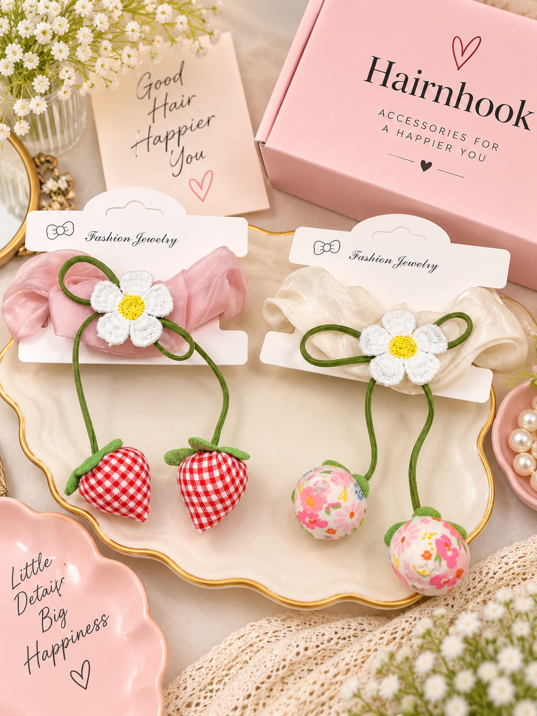Handmade Floral Bow Dangle Hair scrunchie – Cute Strawberry & Floral Charm scrunchie (pack of 12)