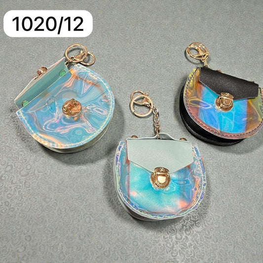 Mini Holographic Coin Pouch Keychain Set | Stylish PU Leather Round Wallet Bag Charm | Trendy Key Holder(pack of 12)