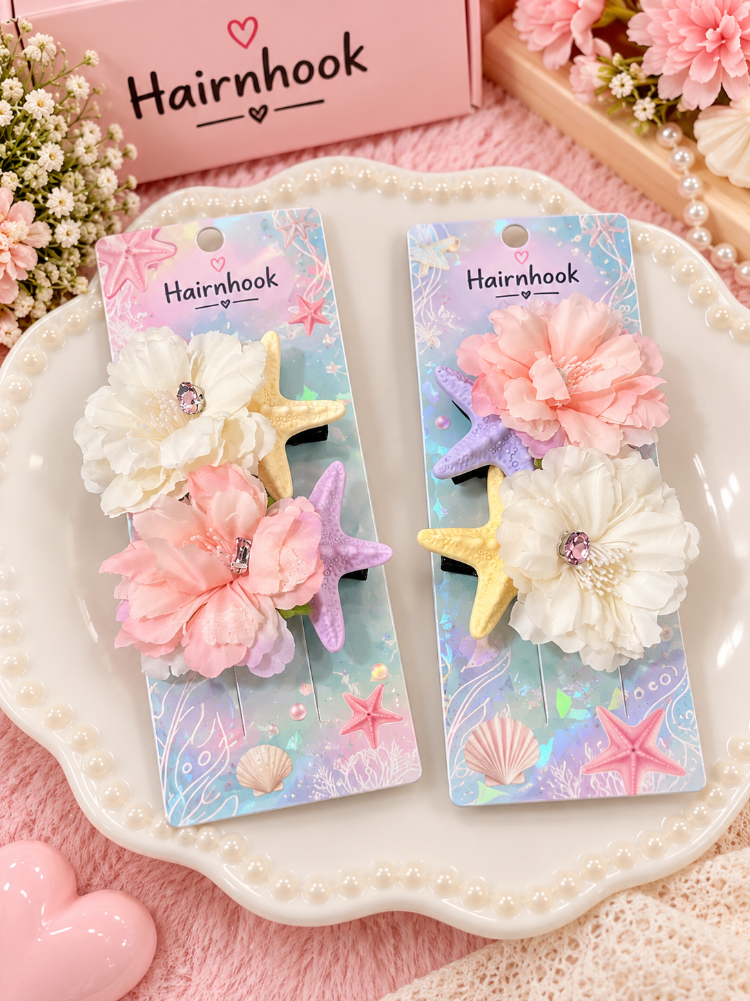 Premium Floral Starfish Hair Pin Set – Korean Ocean Theme(pack of 12)